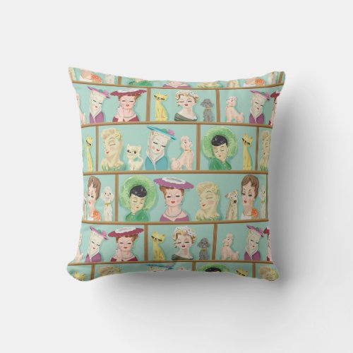 Vintage Kitsch Lady Head Vases with Cats and Dogs Throw Pillow