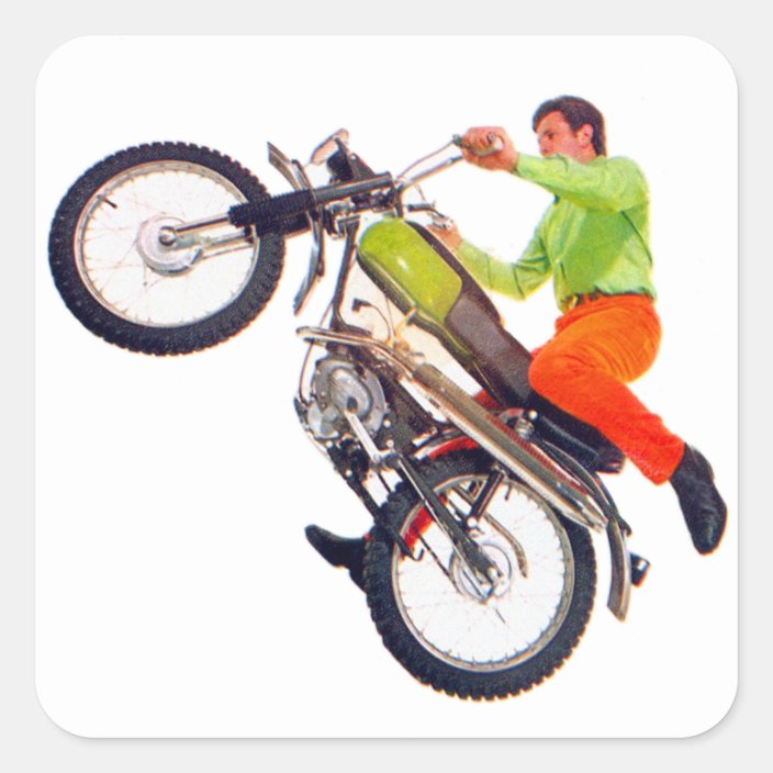 Vintage Kitsch Motor Bike Motorcycle Wheelie Square Sticker
