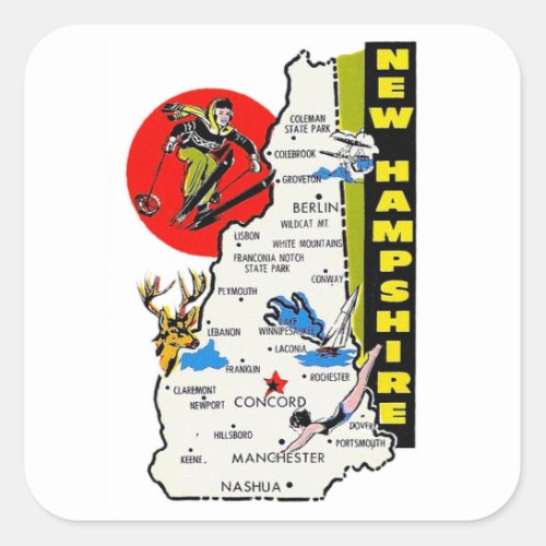 Vintage Kitsch New Hampshire State Travel Decal Square Sticker