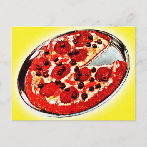 Vintage Kitsch Pepperoni Pizza Pie Illustration Postcard