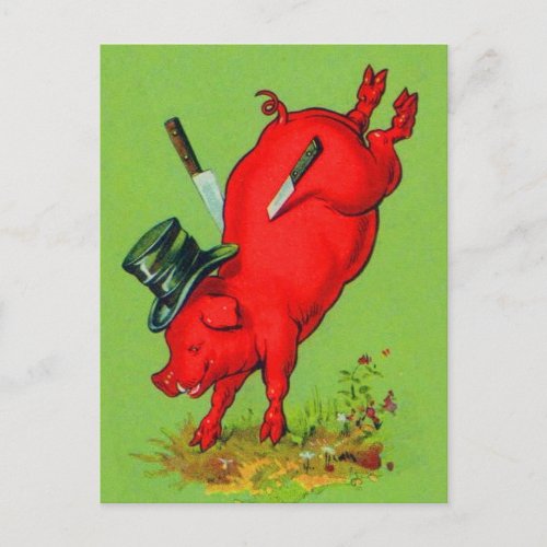 Vintage Kitsch Pork Stuck Pig With Knives Ad Postcard