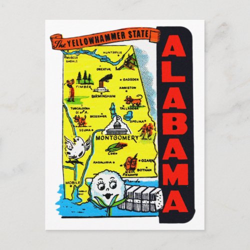 Vintage Kitsch State of Alabama Travel Decal Postcard