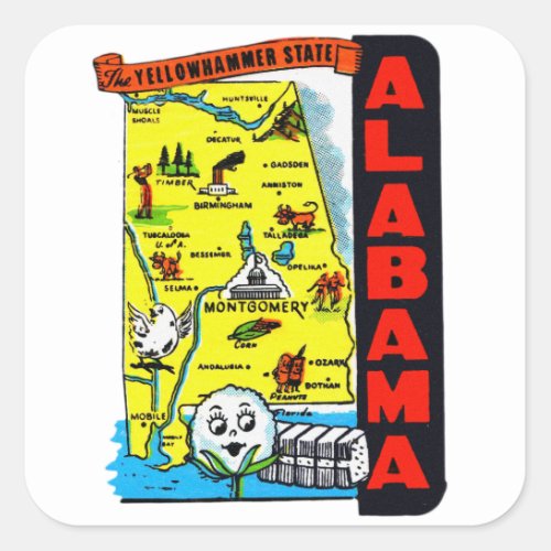 Vintage Kitsch State of Alabama Travel Decal Square Sticker