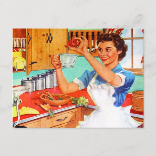 Vintage Kitsch Suburban Housewife Cooking Kitchen Postcard