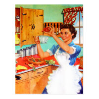 Vintage Kitsch Suburban Housewife Cooking Kitchen Postcard