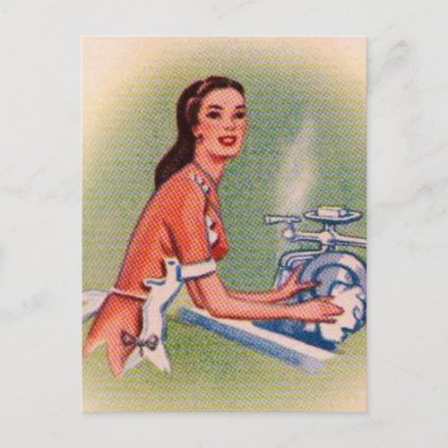 Vintage Kitsch Suburbs Housewife Doing Dishes Postcard