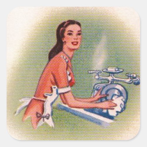 Vintage Kitsch Suburbs Housewife Doing Dishes Square Sticker