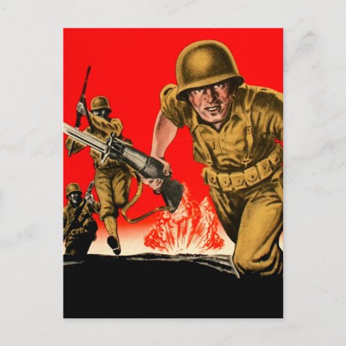 Vintage Kitsch WW2 Army Combat Soldiers Battle Art Postcard