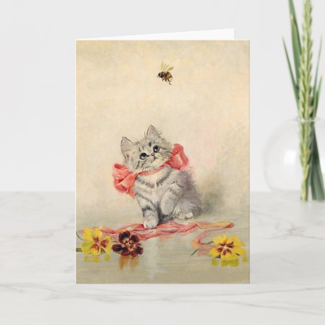 Vintage Kitten and Bee Note Card (Front)