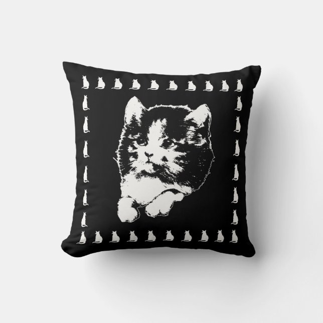 Vintage Kitten Art Black and White Cat Pillow (Front)