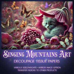 Vintage Kitten Butterfly Garden Decoupage Tissue Paper