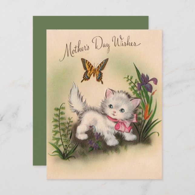 Vintage kitten & Butterfly Mother’s Wishes Holiday Card (Front/Back)