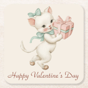 Vintage Kitten Gift Valentine`s Day Square Paper Coaster
