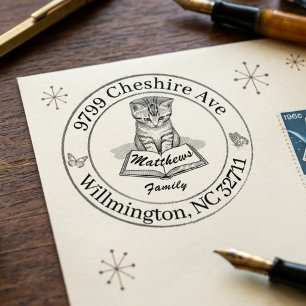 Vintage Kitten Illustration Custom Return Address Rubber Stamp