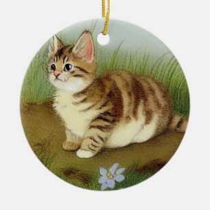 Vintage Kitten Illustration with Flowers Ceramic Ornament