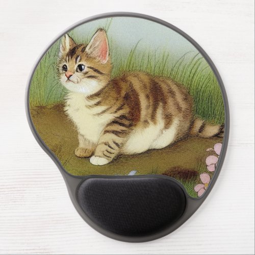 Vintage Kitten Illustration with Flowers Gel Mouse Pad