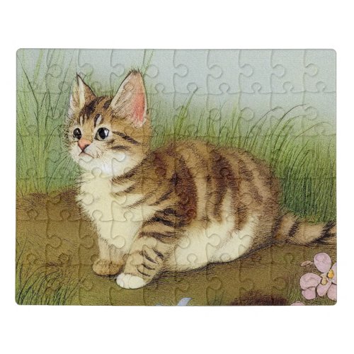 Vintage Kitten Illustration with Flowers Jigsaw Puzzle