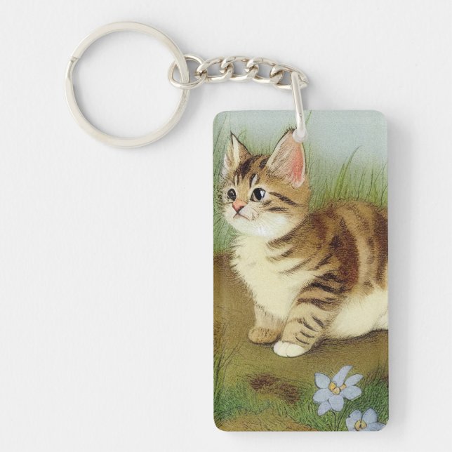 Vintage Kitten Illustration with Flowers Keychain (Front)