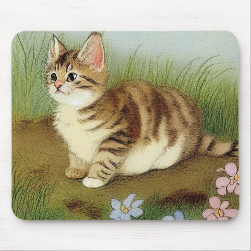 Vintage Kitten Illustration with Flowers Mouse Pad