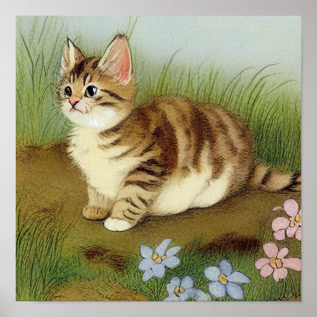 Vintage Kitten Illustration with Flowers Poster (Front)