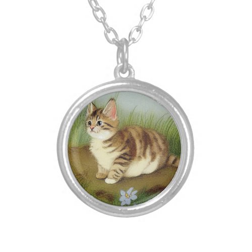 Vintage Kitten Illustration with Flowers Silver Plated Necklace