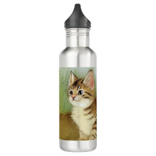 Vintage Kitten Illustration with Flowers Stainless Steel Water Bottle