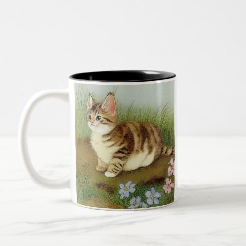 Vintage Kitten Illustration with Flowers Two_Tone Coffee Mug