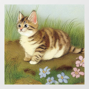 Vintage Kitten Illustration with Flowers Window Cling
