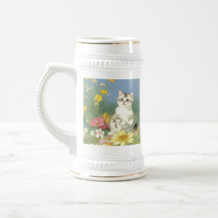 Vintage Kitten Illustration with Yellow Flowers Beer Stein
