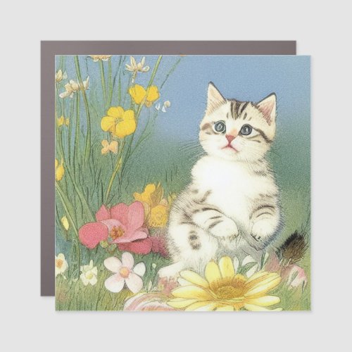 Vintage Kitten Illustration with Yellow Flowers Car Magnet