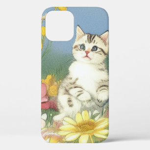 Vintage Kitten Illustration with Yellow Flowers iPhone 12 Case
