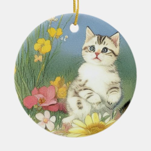 Vintage Kitten Illustration with Yellow Flowers Ceramic Ornament