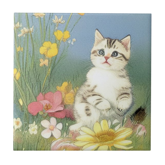 Vintage Kitten Illustration with Yellow Flowers Ceramic Tile (Front)