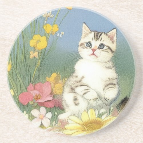 Vintage Kitten Illustration with Yellow Flowers Coaster