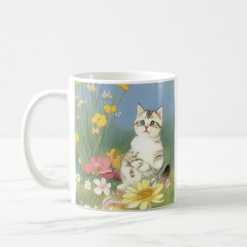 Vintage Kitten Illustration with Yellow Flowers Coffee Mug