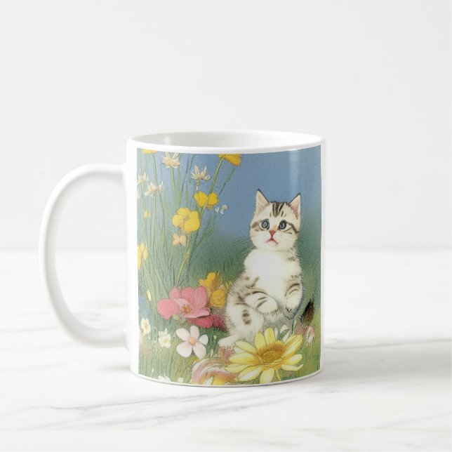 Vintage Kitten Illustration with Yellow Flowers Coffee Mug (Left)