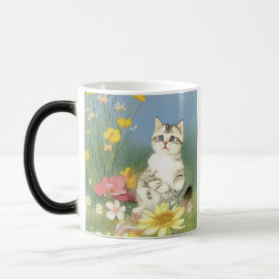 Vintage Kitten Illustration with Yellow Flowers Color Morph Mug