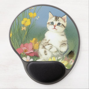 Vintage Kitten Illustration with Yellow Flowers Gel Mouse Pad