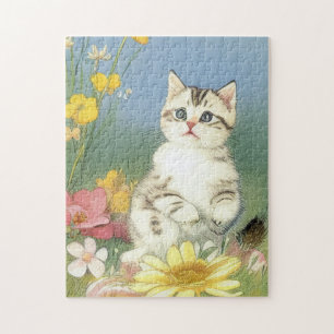 Vintage Kitten Illustration with Yellow Flowers Jigsaw Puzzle