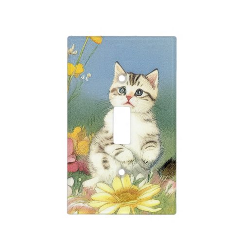 Vintage Kitten Illustration with Yellow Flowers Light Switch Cover