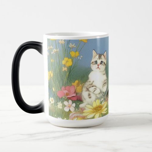 Vintage Kitten Illustration with Yellow Flowers Magic Mug