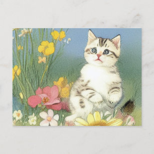 Vintage Kitten Illustration with Yellow Flowers Postcard