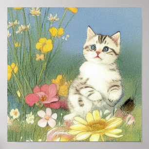Vintage Kitten Illustration with Yellow Flowers Poster