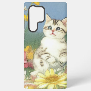 Vintage Kitten Illustration with Yellow Flowers Samsung Galaxy S22 Ultra Case