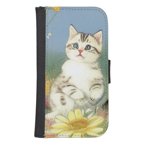 Vintage Kitten Illustration with Yellow Flowers Galaxy S4 Wallet Case