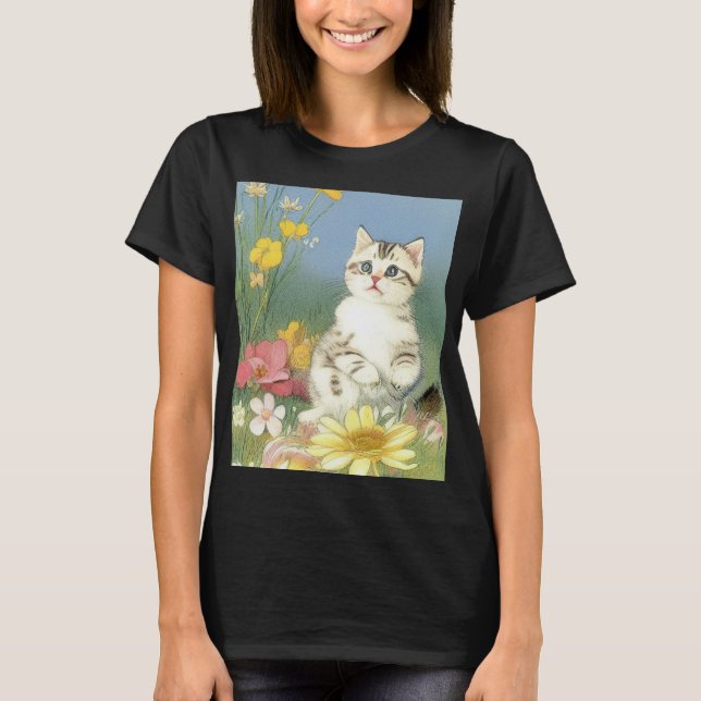 Vintage Kitten Illustration with Yellow Flowers T-Shirt (Front)