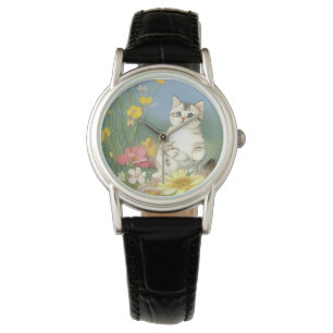 Vintage Kitten Illustration with Yellow Flowers Watch