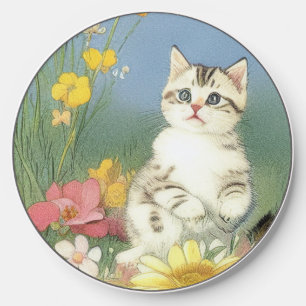 Vintage Kitten Illustration with Yellow Flowers Wireless Charger