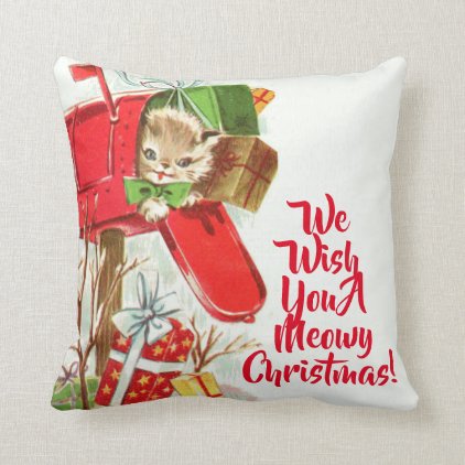 Vintage Kitten In A Mailbox Christmas Throw Pillow