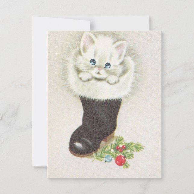 Vintage Kitten In Christmas Stocking Holiday Card (Front)